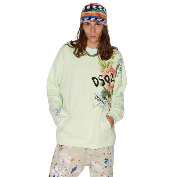 dsquared-sweat-shirt-dj-granny-s-bunch-coton-vert-fleurs-rose