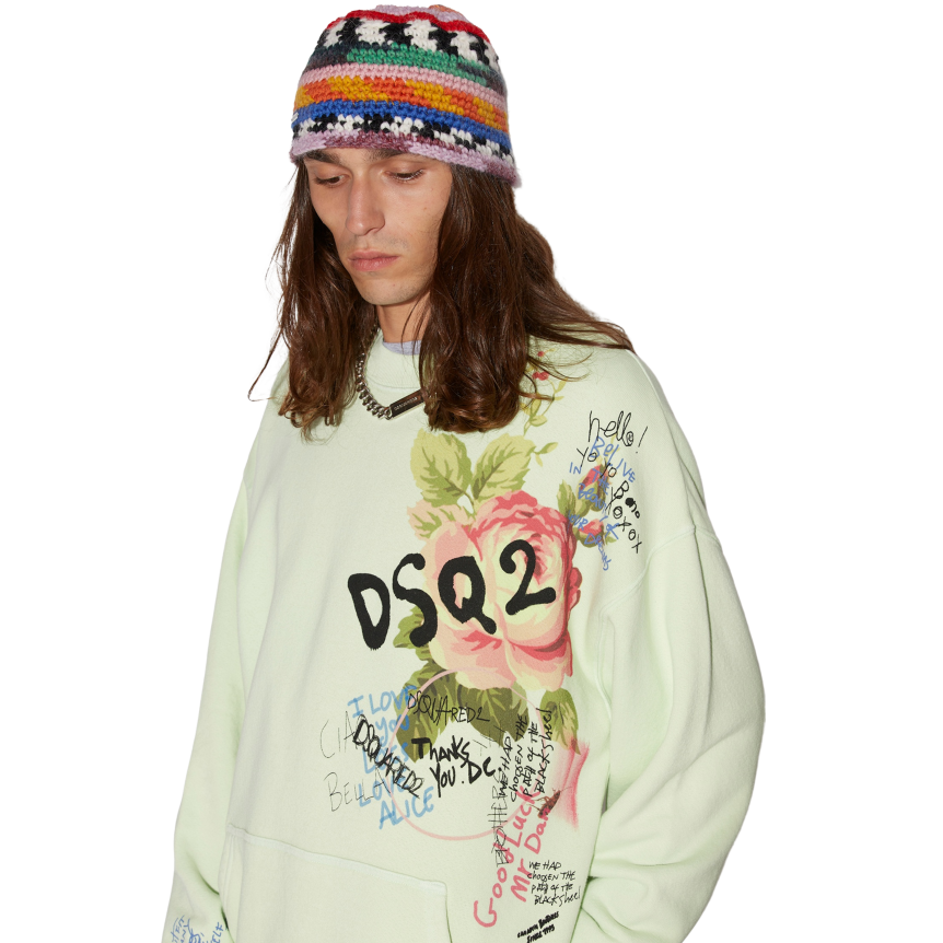 dsquared-sweat-shirt-dj-granny-s-bunch-coton-vert-fleurs-rose