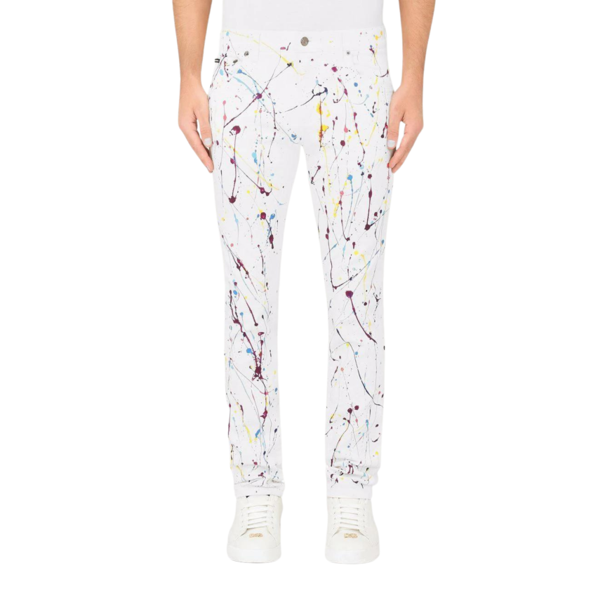 Pantalon Jeans Skinny Dolce & Gabbana denim coton blanc tache peinture multicolore