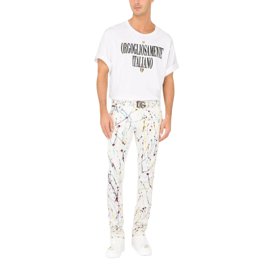 Pantalon Jeans Skinny Dolce & Gabbana denim coton blanc tache peinture multicolore