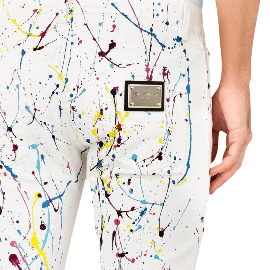 Pantalon Jeans Skinny Dolce & Gabbana denim coton blanc tache peinture multicolore