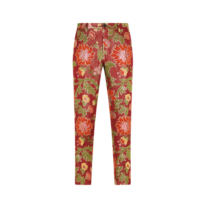 Pantalon Dolce Gabbana En Jacquard Lurex Rouge Motif Fleurs