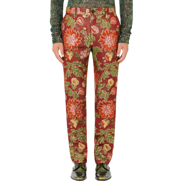 Pantalon Dolce Gabbana En Jacquard Lurex Rouge Motif Fleurs