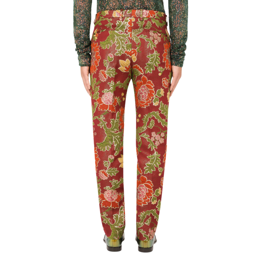 Pantalon Dolce Gabbana En Jacquard Lurex Rouge Motif Fleurs