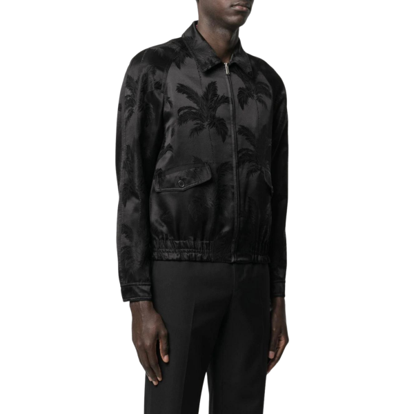 Blouson SAINT LAURENT bomber viscose soie noire motifs Palmiers ton sur ton