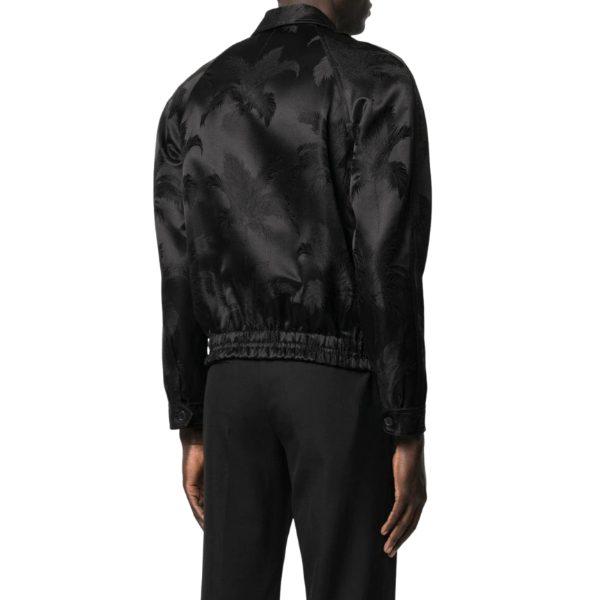 Blouson SAINT LAURENT bomber viscose soie noire motifs Palmiers ton sur ton