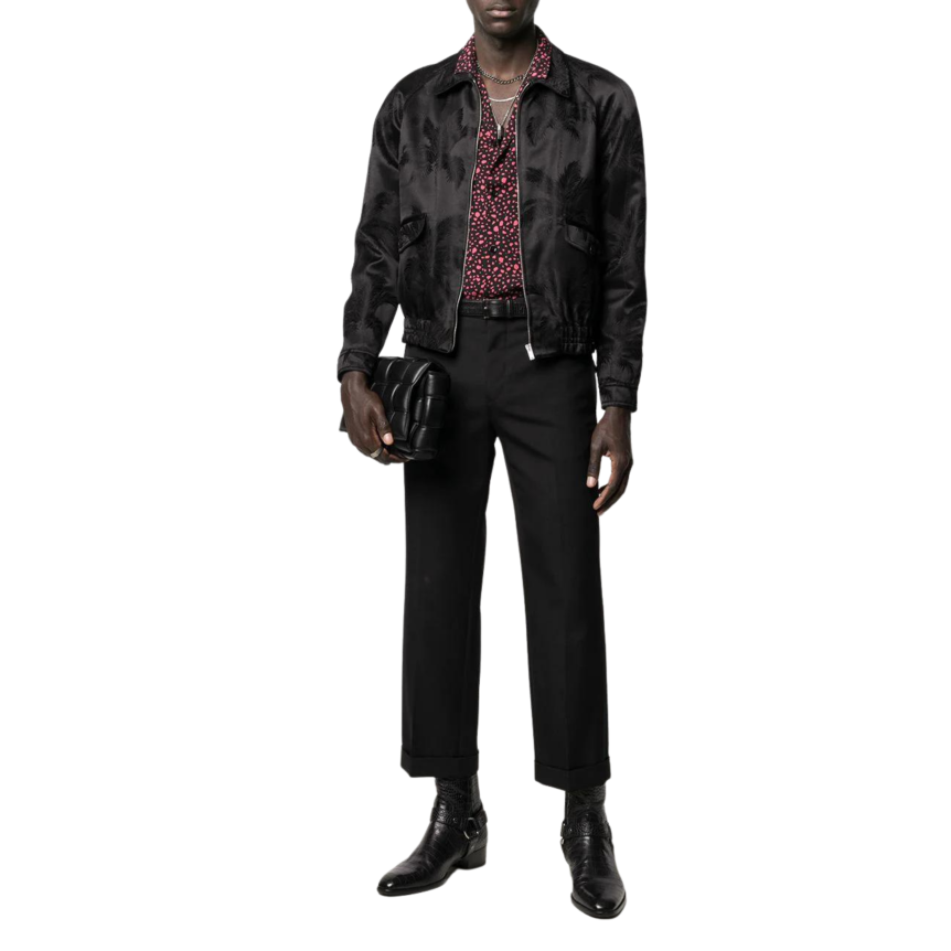 Blouson SAINT LAURENT bomber viscose soie noire motifs Palmiers ton sur ton
