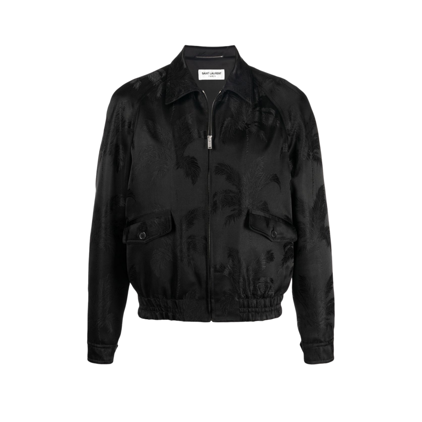 Blouson SAINT LAURENT bomber viscose soie noire motifs Palmiers ton sur ton