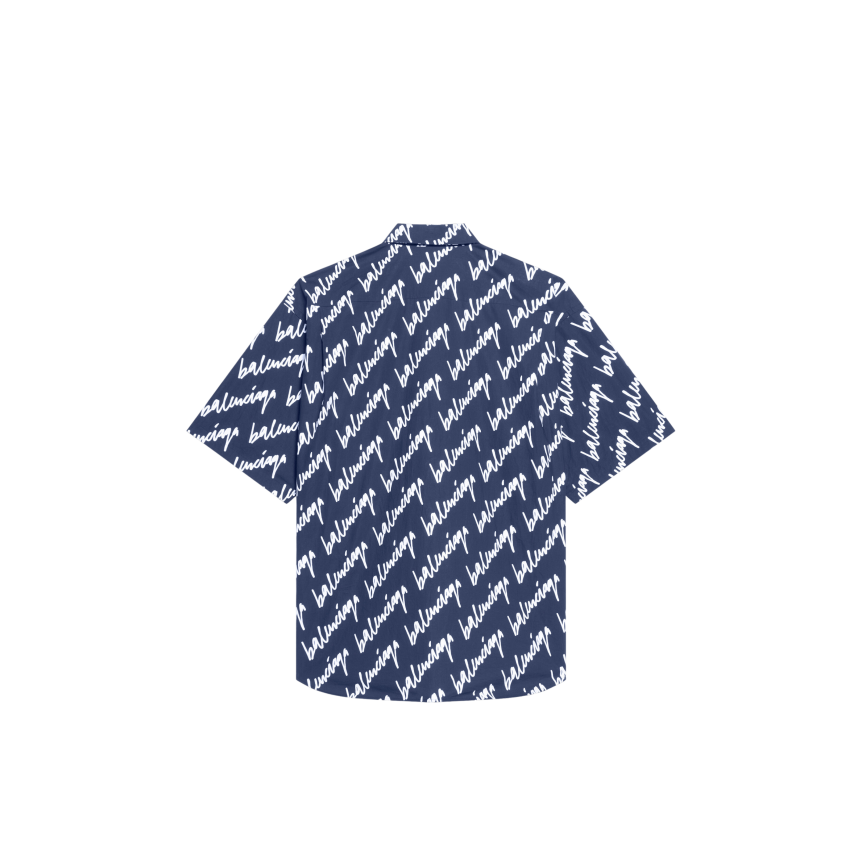 Chemise BALENCIAGA manches courtes bleu marine imprimé allover logo blanc