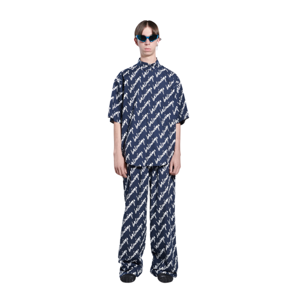 Chemise BALENCIAGA manches courtes bleu marine imprimé allover logo blanc