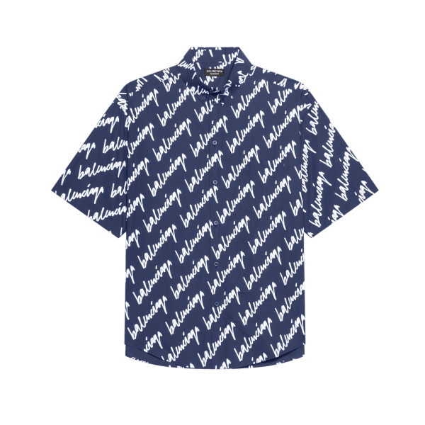 Chemise BALENCIAGA manches courtes bleu marine imprimé allover logo blanc