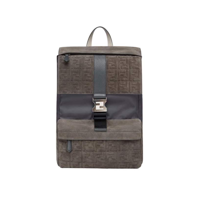 Sac à dos FENDI Fendiness format moyen cuir suédé gris boucle FF