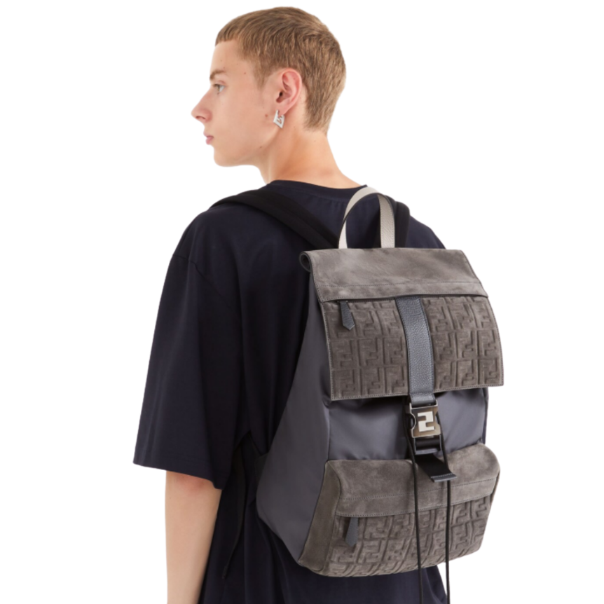 Sac à dos FENDI Fendiness format moyen cuir suédé gris boucle FF