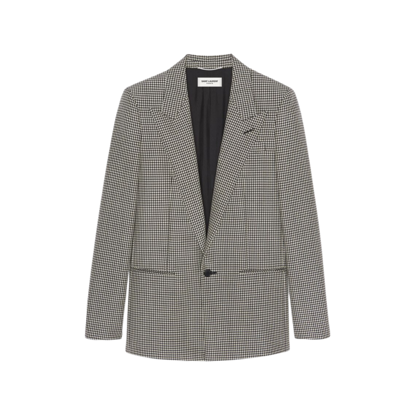 Veste Blazer SAINT LAURENT un bouton laine mohair vichy noir blanc col flèche