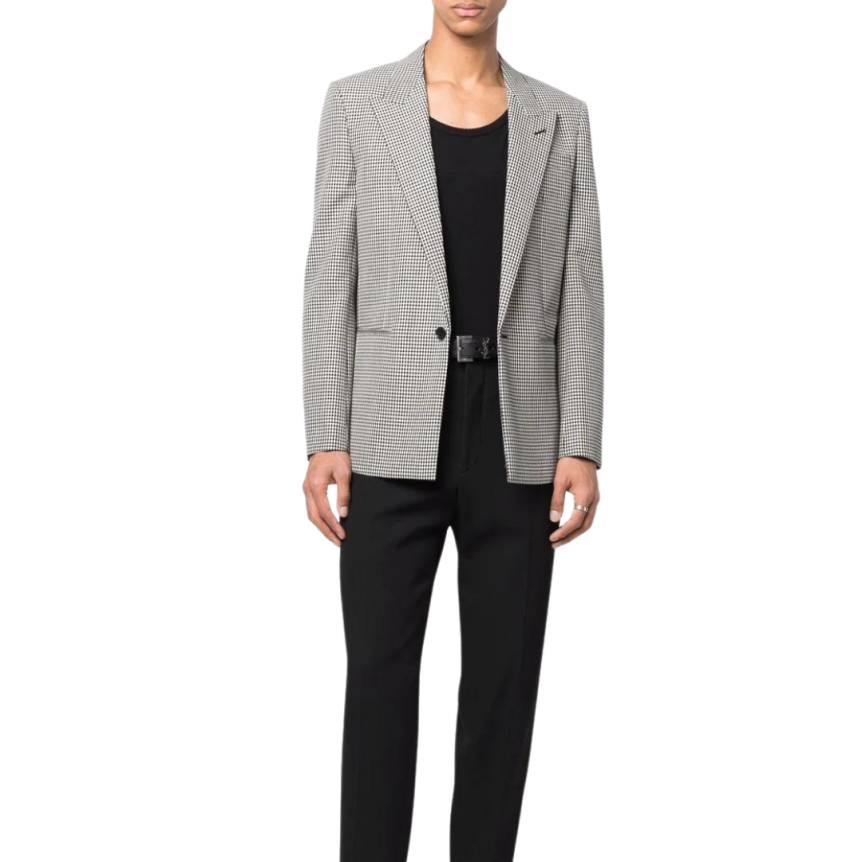 Veste Blazer SAINT LAURENT un bouton laine mohair vichy noir blanc col flèche