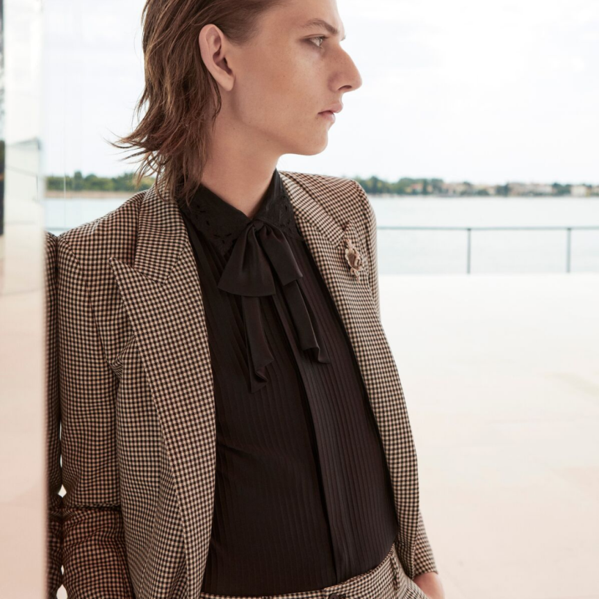 Veste Blazer SAINT LAURENT un bouton laine mohair vichy noir blanc col flèche