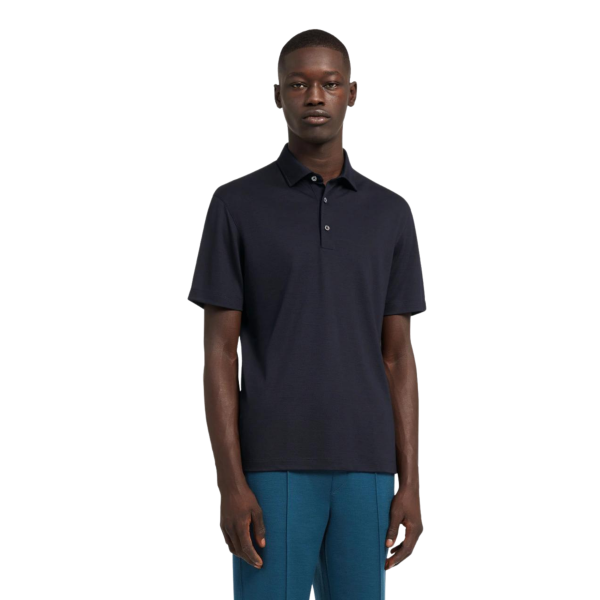 Polo ZEGNA manches courtes jersey laine bleu marine
