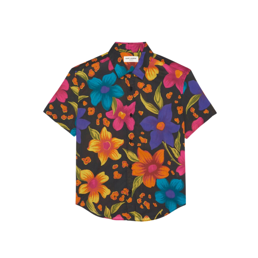 Chemise SAINT LAURENT manches courtes Col Yves Coton Fleurs multicolores