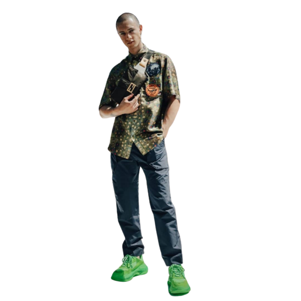 Chemise à manches courtes soie verte imprimée ecaille poisson