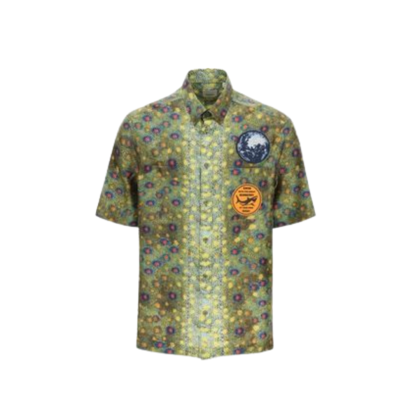 Chemise à manches courtes soie verte imprimée ecaille poisson