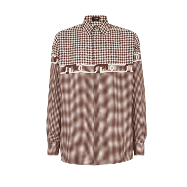 Chemise FENDI soie vichy pied de poule blanc marron chaîne Fendi O’Lock