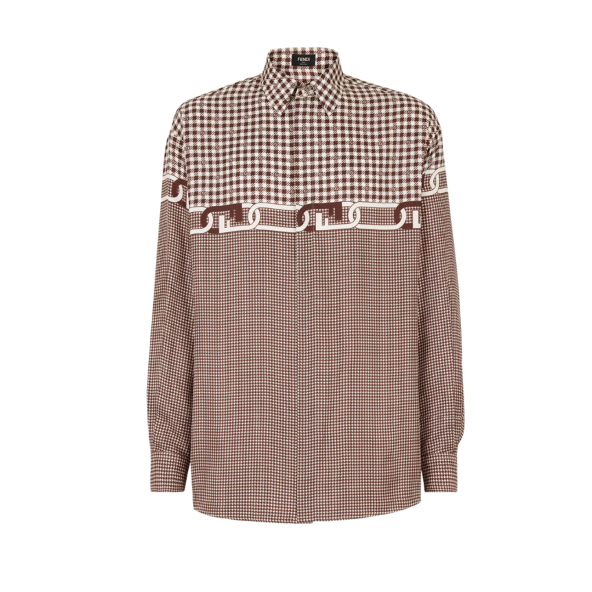 Chemise FENDI soie vichy pied de poule blanc marron chaîne Fendi O’Lock