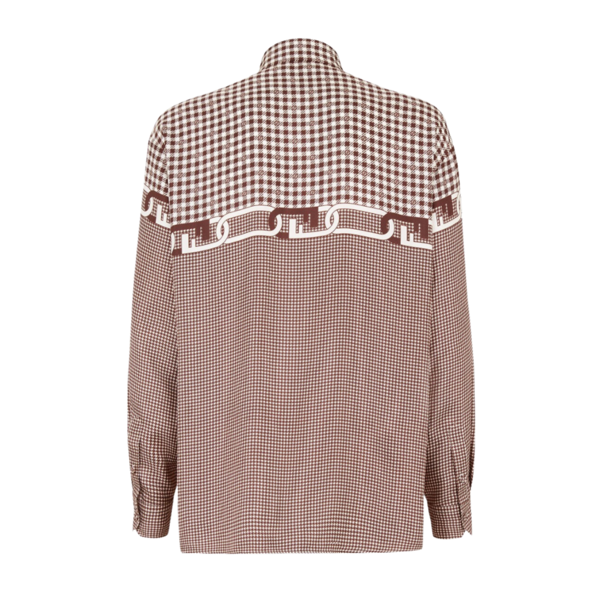Chemise FENDI soie vichy pied de poule blanc marron chaîne Fendi O’Lock