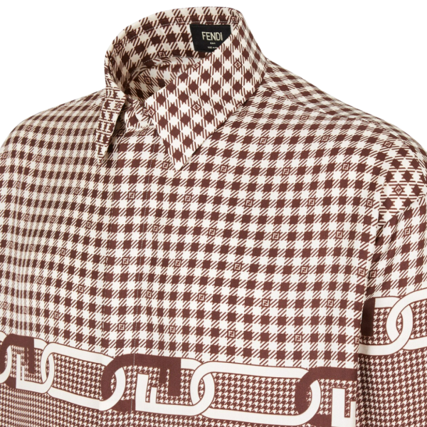 Chemise FENDI soie vichy pied de poule blanc marron chaîne Fendi O’Lock