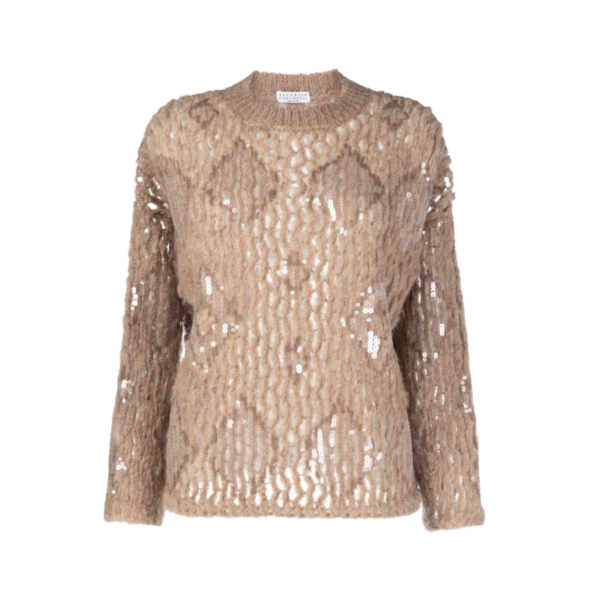 Pull Ras du Cou Paillettes Camel Brunello Cucinelli