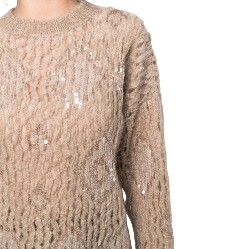 Pull Ras du Cou Paillettes Camel Brunello Cucinelli