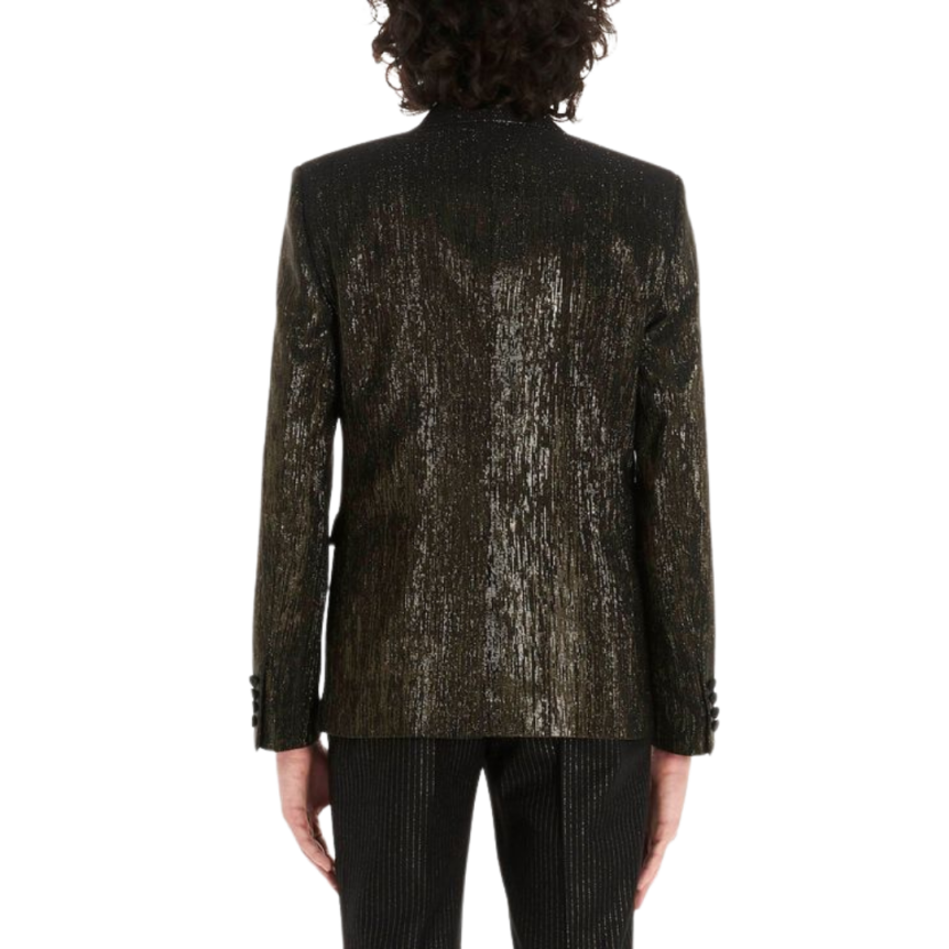 Blazer smocking à effet jacquard lamé noir or