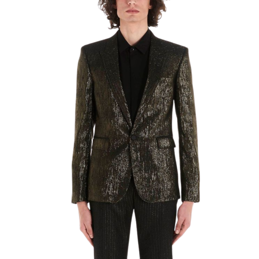 Blazer smocking à effet jacquard lamé noir or