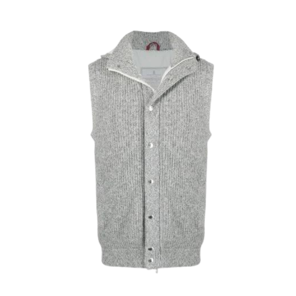 Pull zippé BRUNELLO CUCINELLI sans manches à capuche cachemire côtelé gris