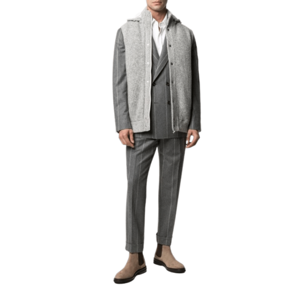 Pull zippé BRUNELLO CUCINELLI sans manches à capuche cachemire côtelé gris