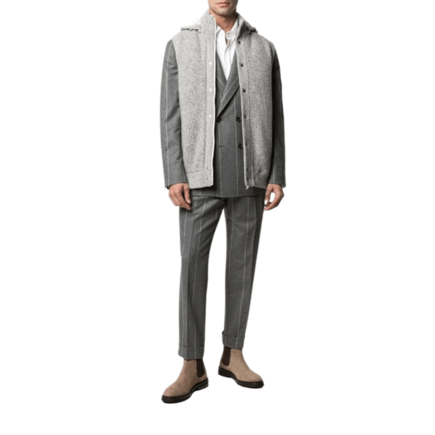 Pull zippé BRUNELLO CUCINELLI sans manches à capuche cachemire côtelé gris