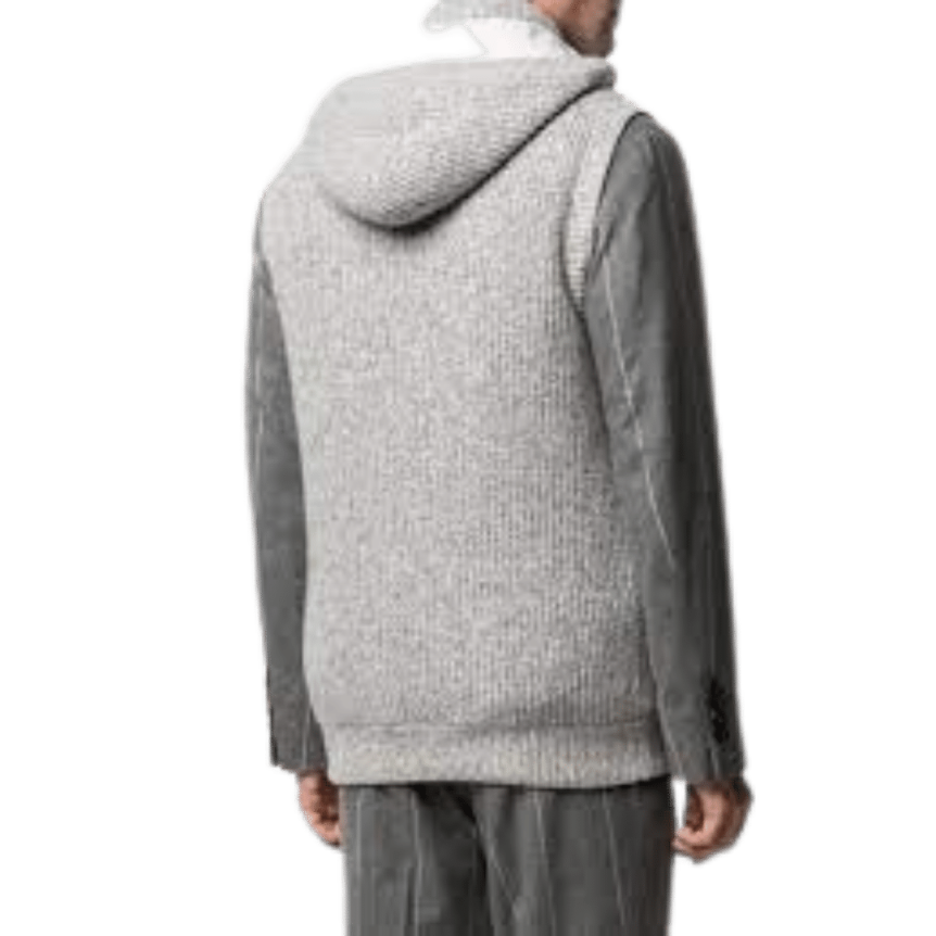 Pull zippé BRUNELLO CUCINELLI sans manches à capuche cachemire côtelé gris