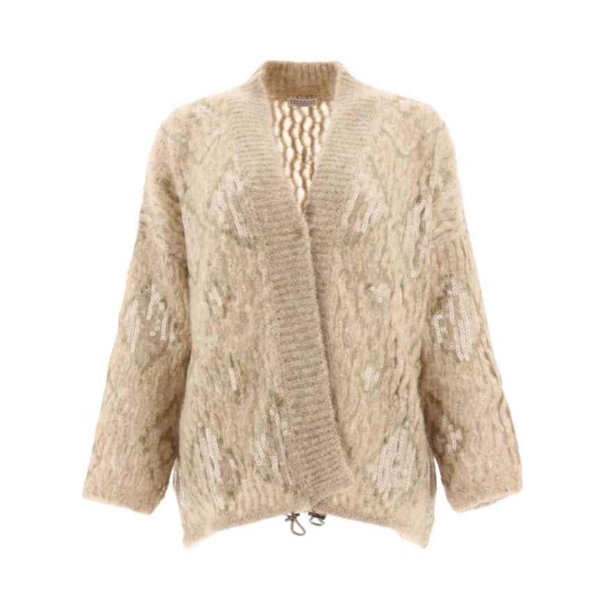 Cardigan BRUNELLO CUCINELLI maille ajouré beige losanges sequins