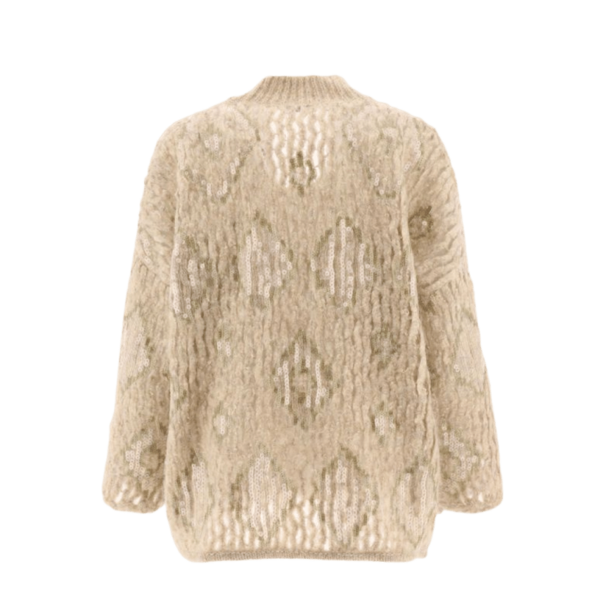 Cardigan BRUNELLO CUCINELLI maille ajouré beige losanges sequins