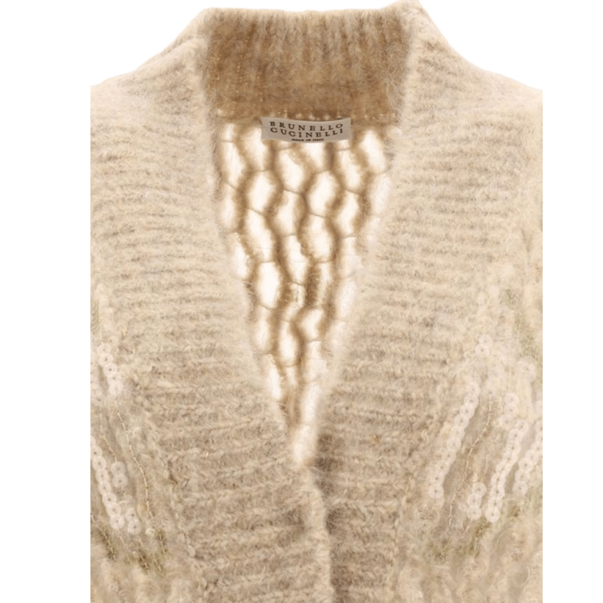 Cardigan BRUNELLO CUCINELLI maille ajouré beige losanges sequins