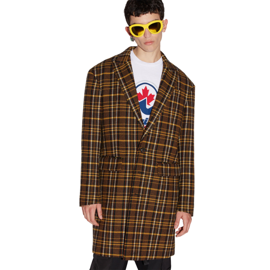 Manteau Carreaux DSQUARED Techno années 80 marron capuche orange