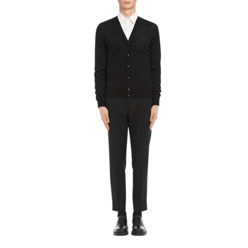 Cardigan PRADA boutons col V laine vierge noire