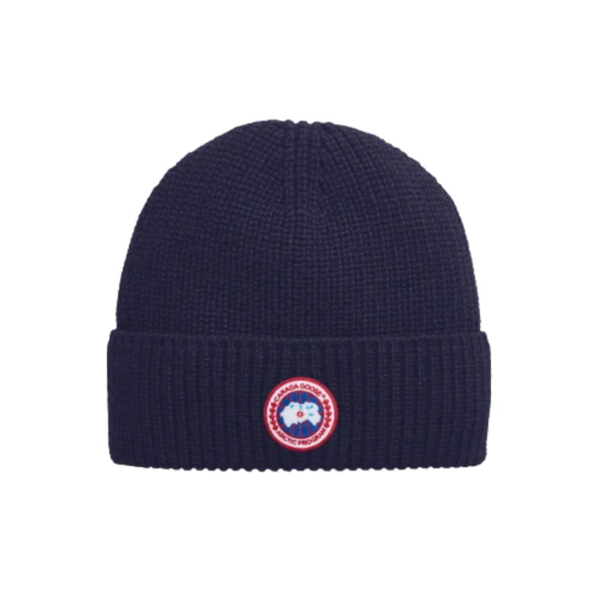 Bonnet à revers CANADA GOOSE laine mérinos côtelée bleu marine