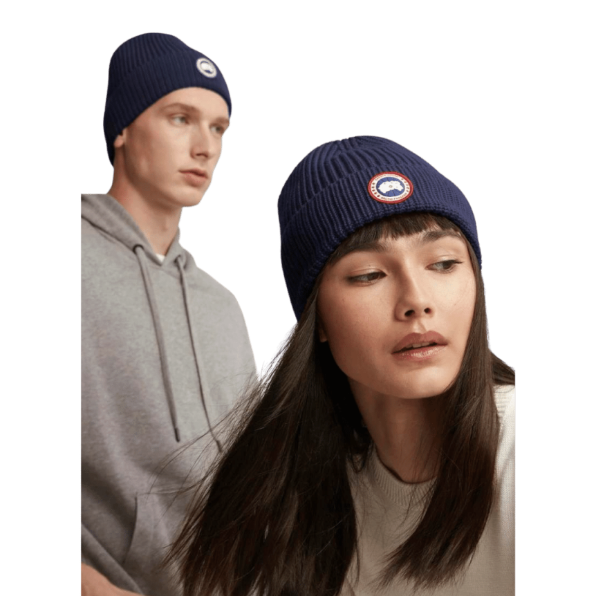 Bonnet à revers CANADA GOOSE laine mérinos côtelée bleu marine