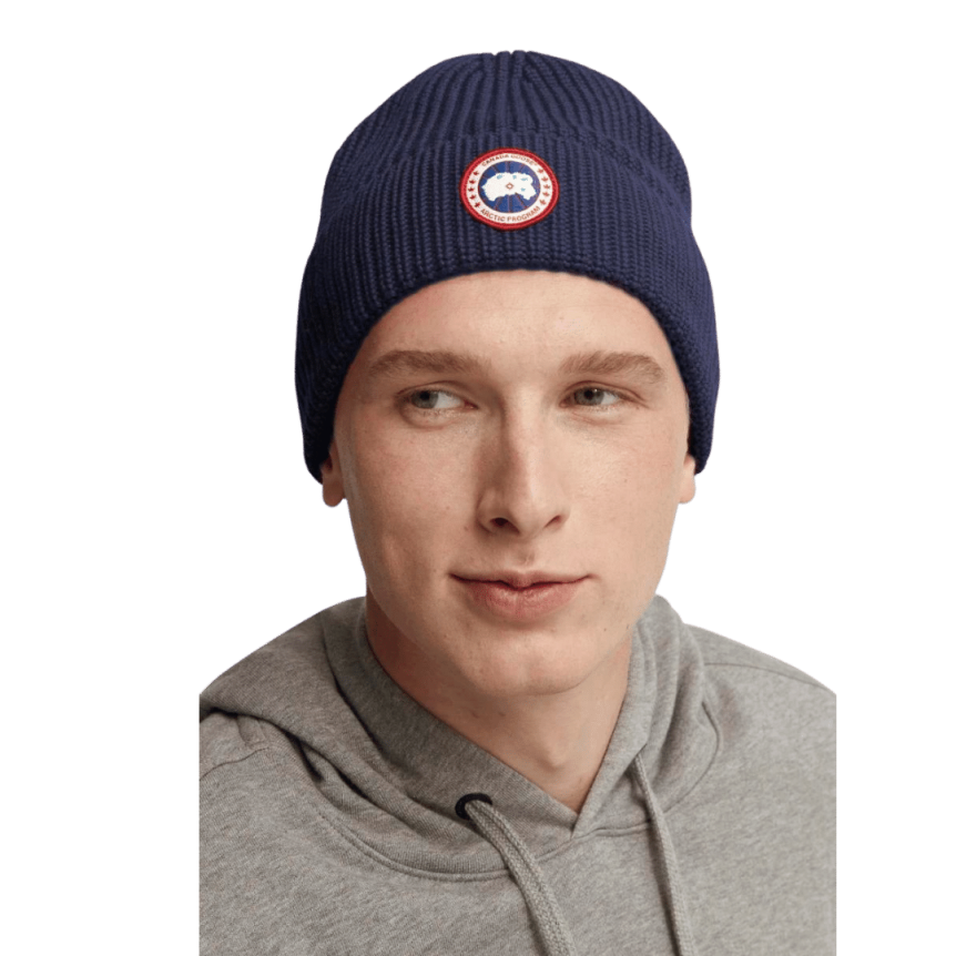 Bonnet à revers CANADA GOOSE laine mérinos côtelée bleu marine