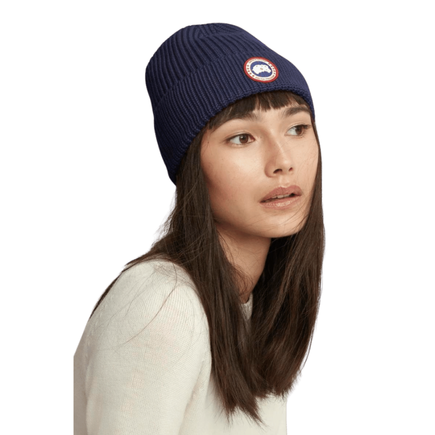 Bonnet à revers CANADA GOOSE laine mérinos côtelée bleu marine