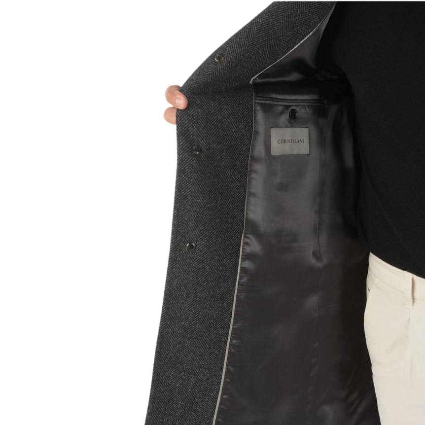 Manteau CORNELIANI laine chevrons gris poche rabat