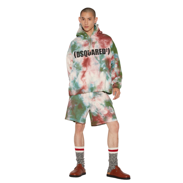 Short DSQUARED Bermuda coton Tie & Dye Rose vert Logo noir