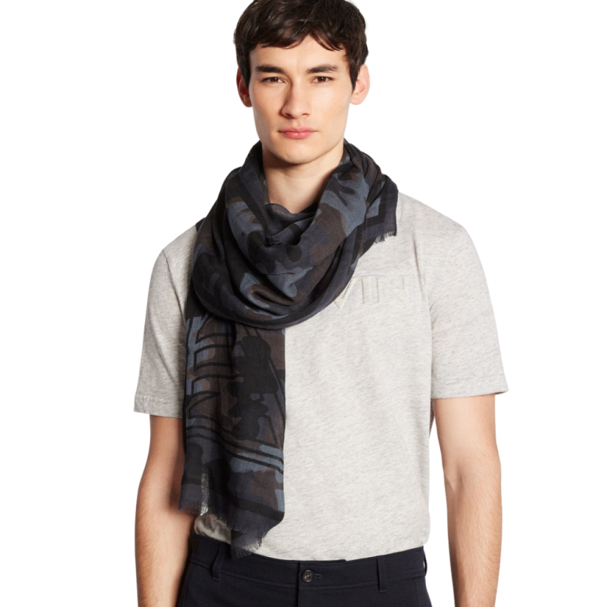 Echarpe LANVIN laine cachemire Camouflage Gris bleu marron