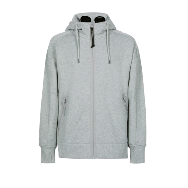 Gilet zippé CP COMPANY à capuche lunettes en molleton de coton gris chiné relief diagonal