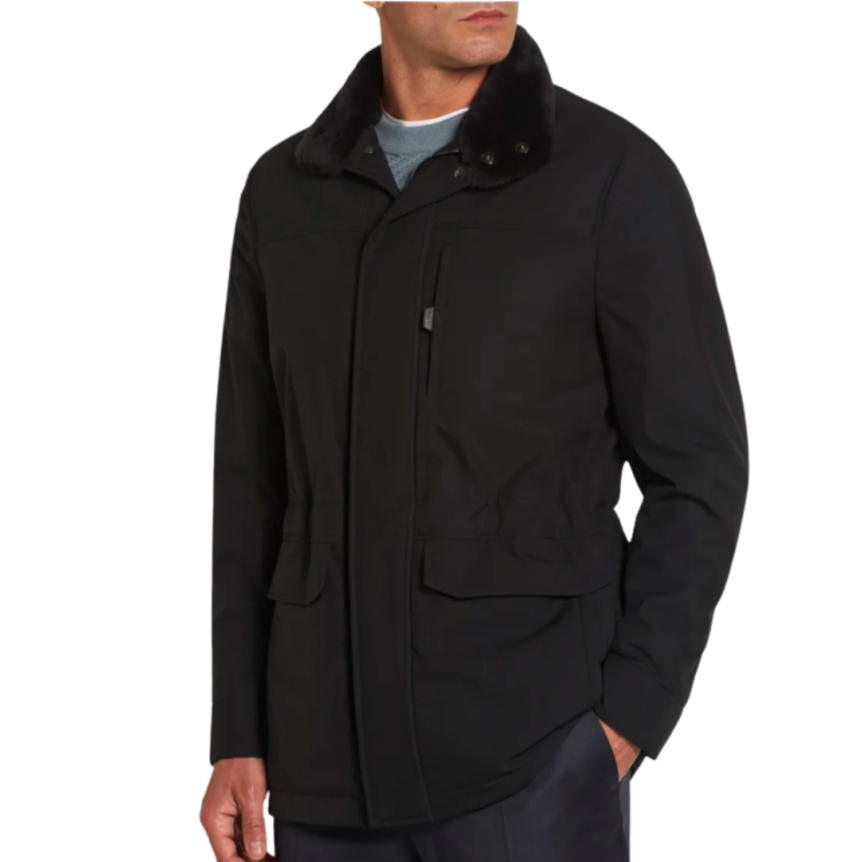 Parka BRIONI Performa col montant fourrure agneau soie cachemire noir